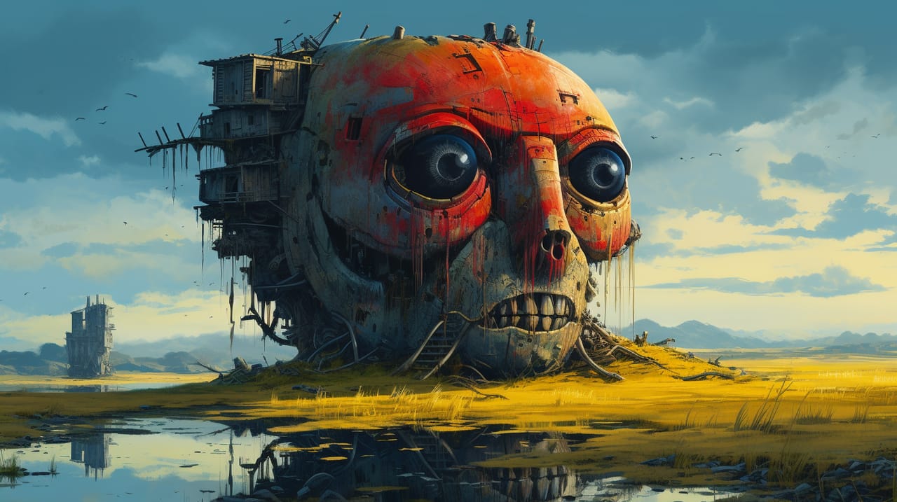 A giant face painted red with shacks growing out the back