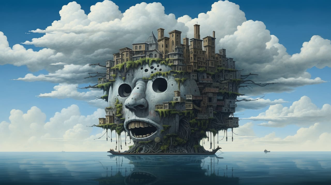 A large blue head with hollow eyes grows out of the ocean. A town sits on top of the head