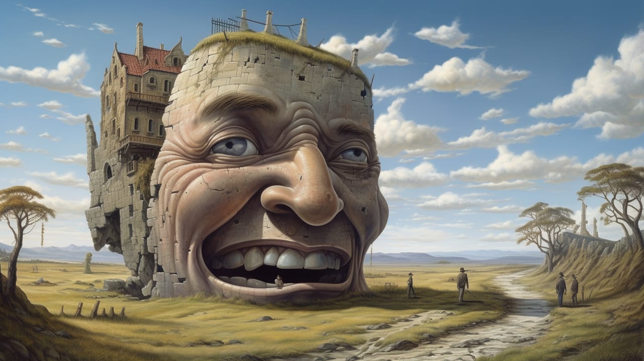 The wrinkled head of an old man with a old house on the back of his head. People walk around the countryside