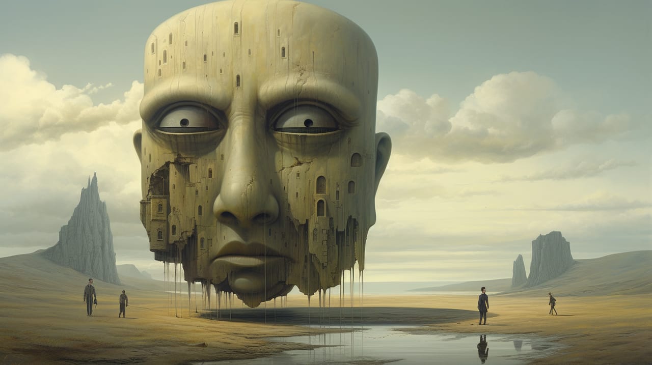 A giant floating head in the desert. The face has small pupils and cheeks made of windows. Sand is leaking from them