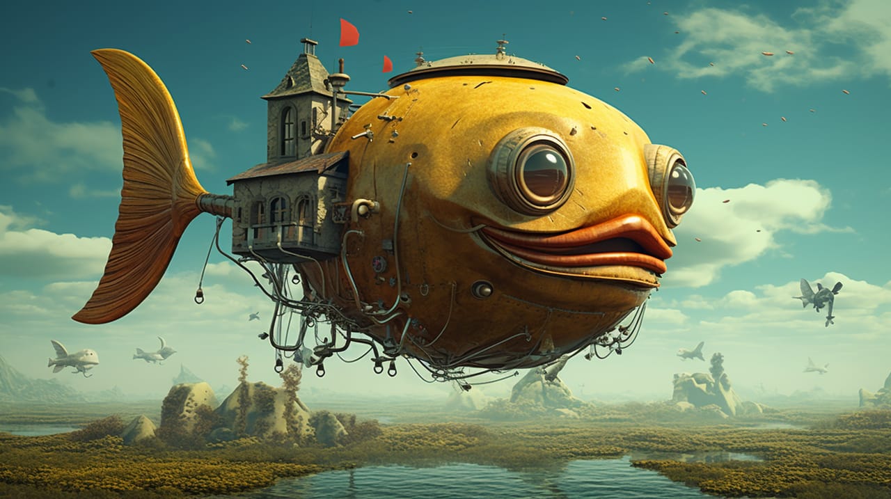 A giant floating fish with a house on its back