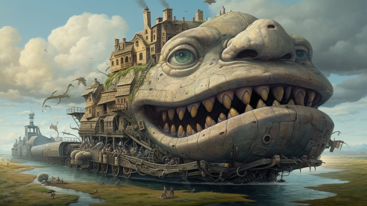 A train boat with a town and a large grinning face in the front