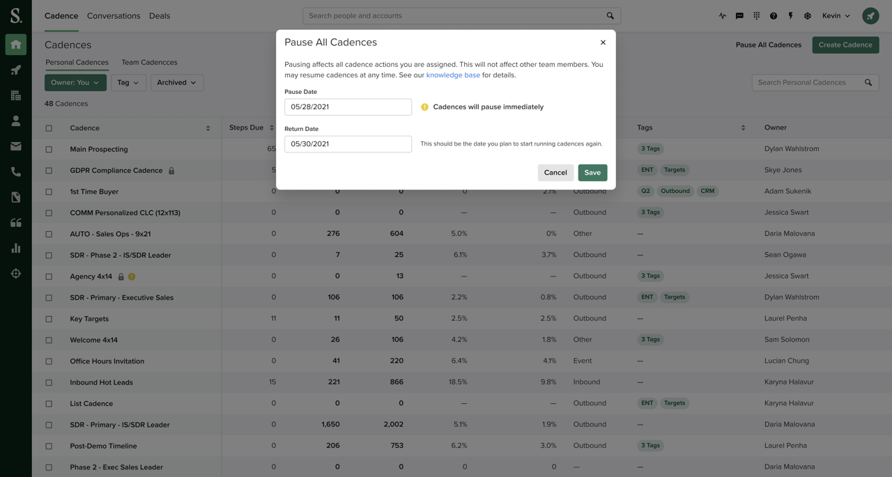Salesloft Pause Cadences