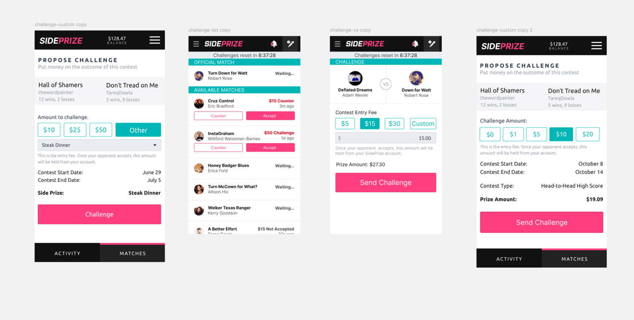 SidePrize challenge screen concepts