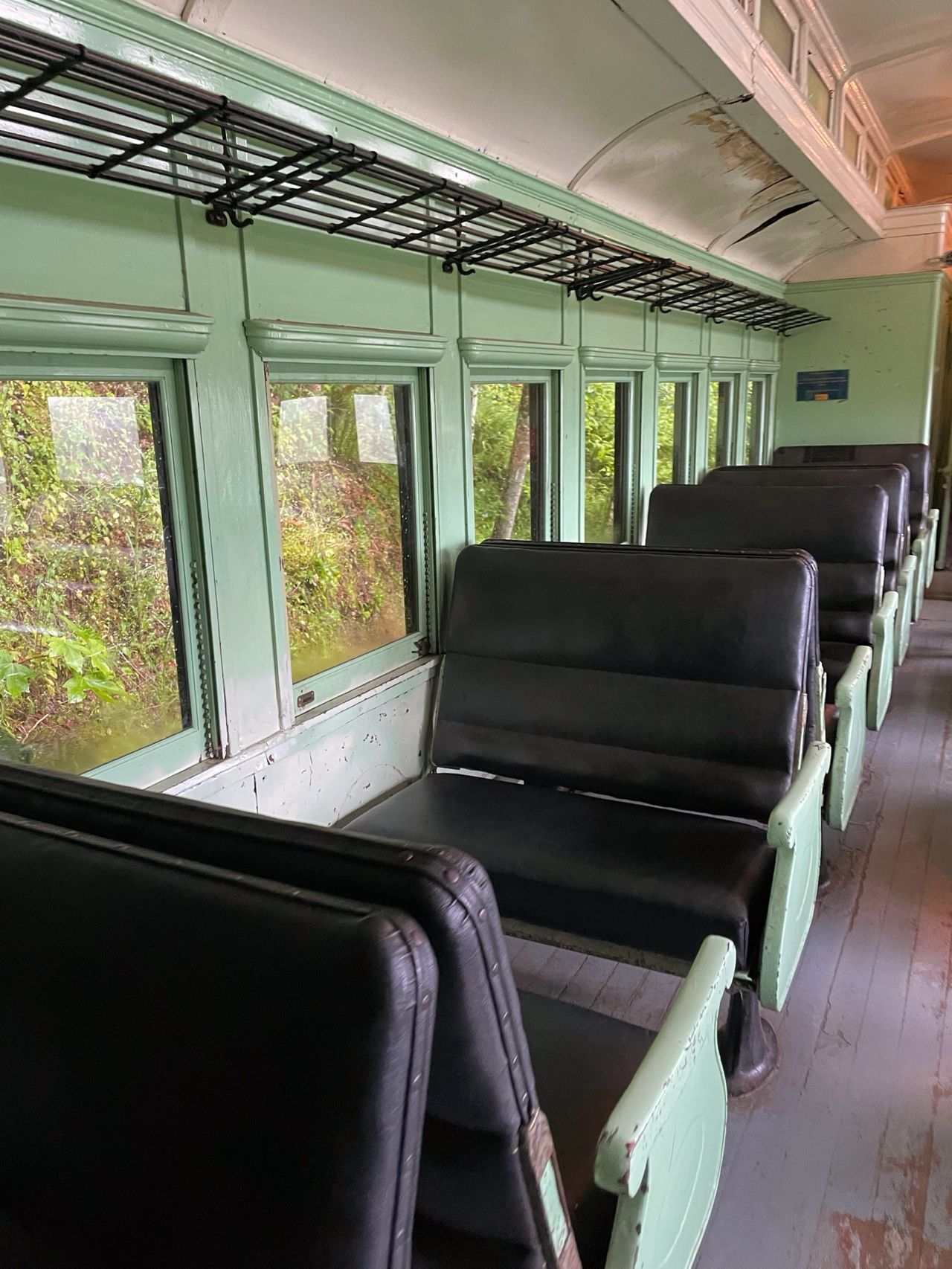 The interior of a classic train carriage is captured in solitude, featuring rows of black leather seats with a patina of age. The seats are flanked by mint green walls and large windows that provide a view of the lush foliage outside, blurring as it might when the train is in motion. Overhead luggage racks await passengers of bygone days. The wooden floorboards and the metal accents on the seats reflect the authentic design of early 20th-century railway travel.