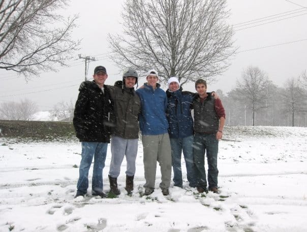 Friends pose in the snow.