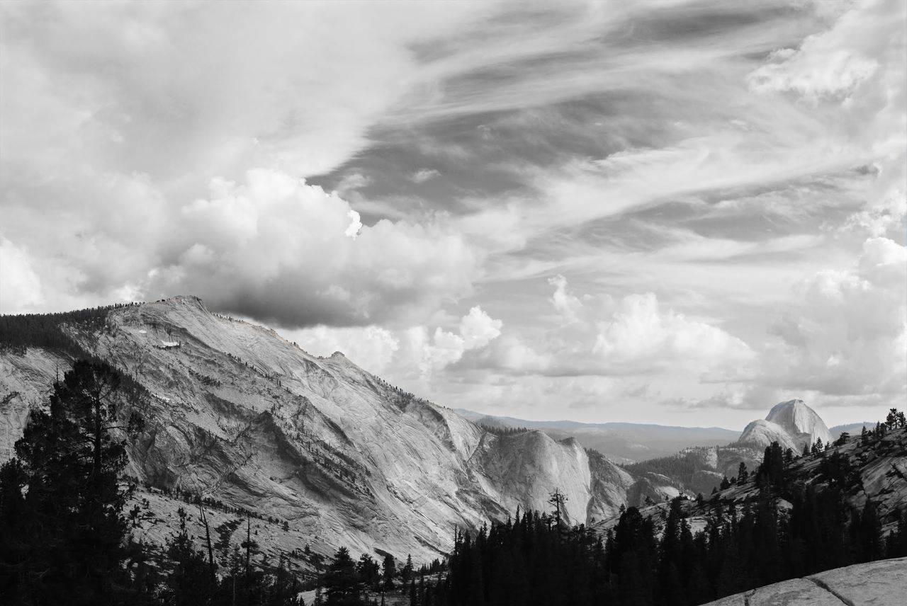 Black and white photo of Clouds Rest from Olmstead Point.