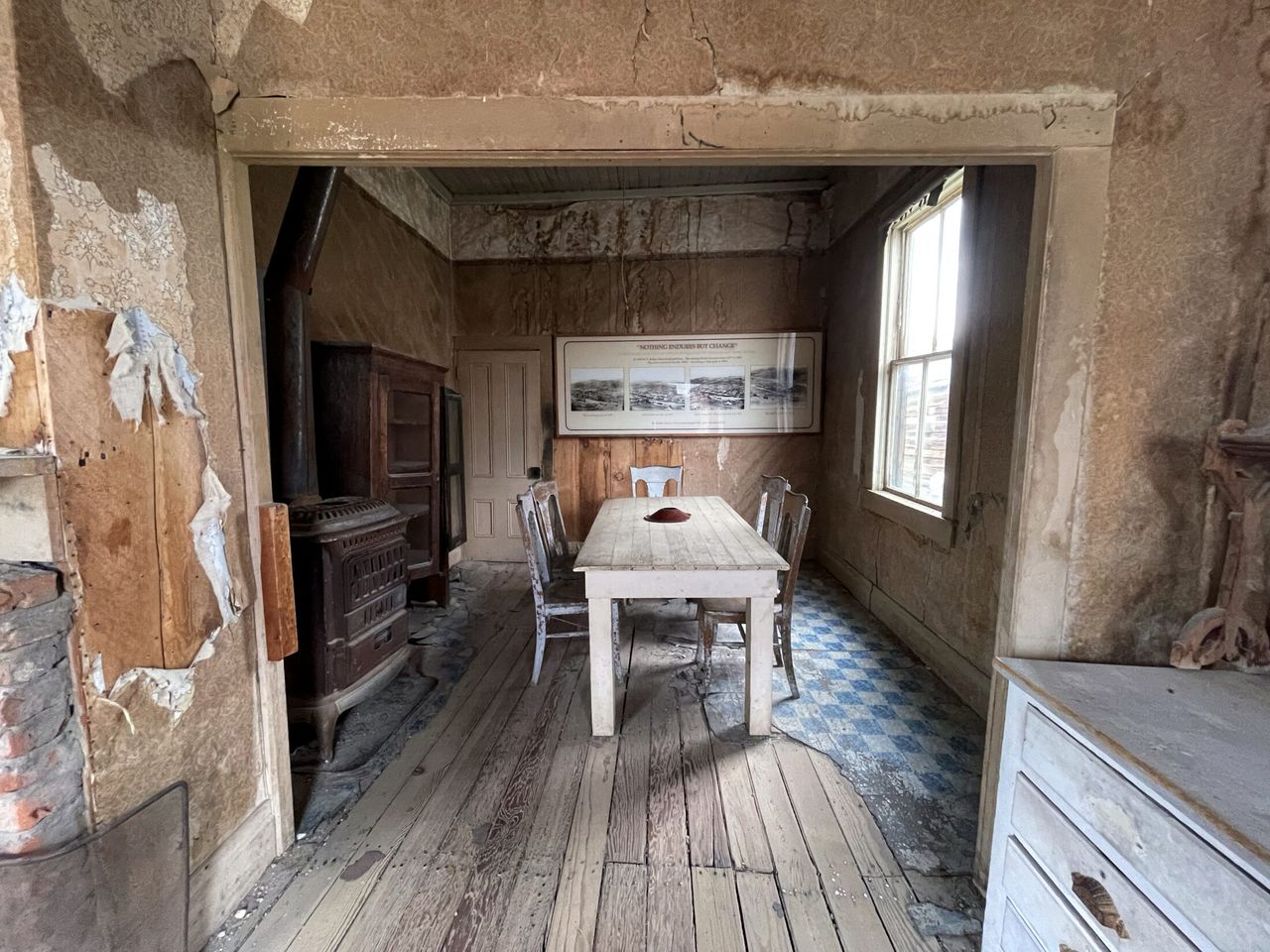 An old kitchen and dining room of a house in Bodie.