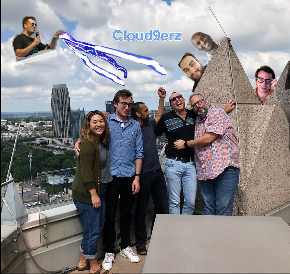 Rooftop team photo labeled Cloud9erz with extra teammates photoshopped in, one on a cloud shooting lightning