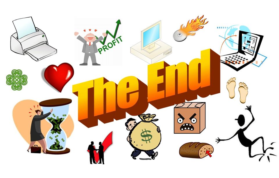 Collage of classic clip art like a printer, heart, money bag and angry box around bold 3D WordArt reading The End