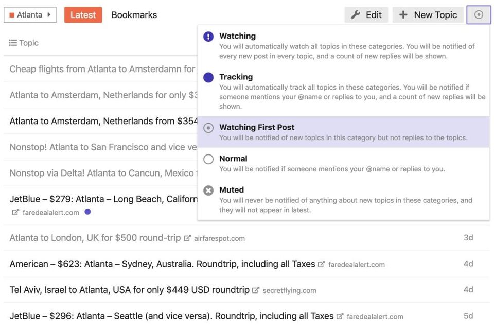 Aerodero forum list of Atlanta flight deals with a notification menu showing Watching First Post selected