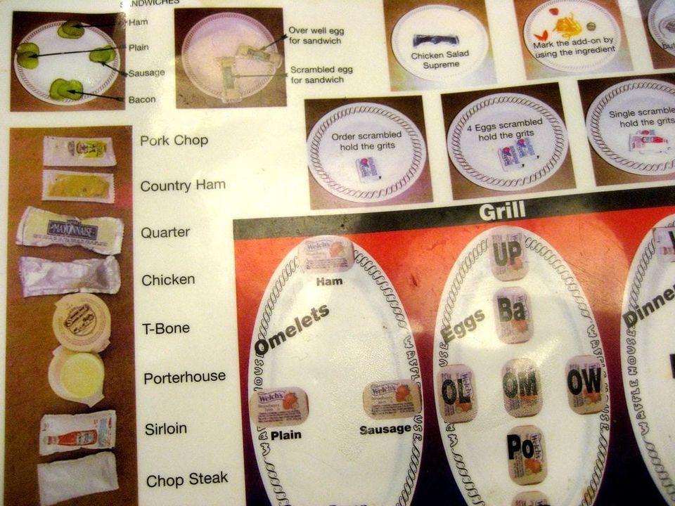 Waffle House chart where pickles, condiment packets and jelly placements on plates code orders like omelets and eggs