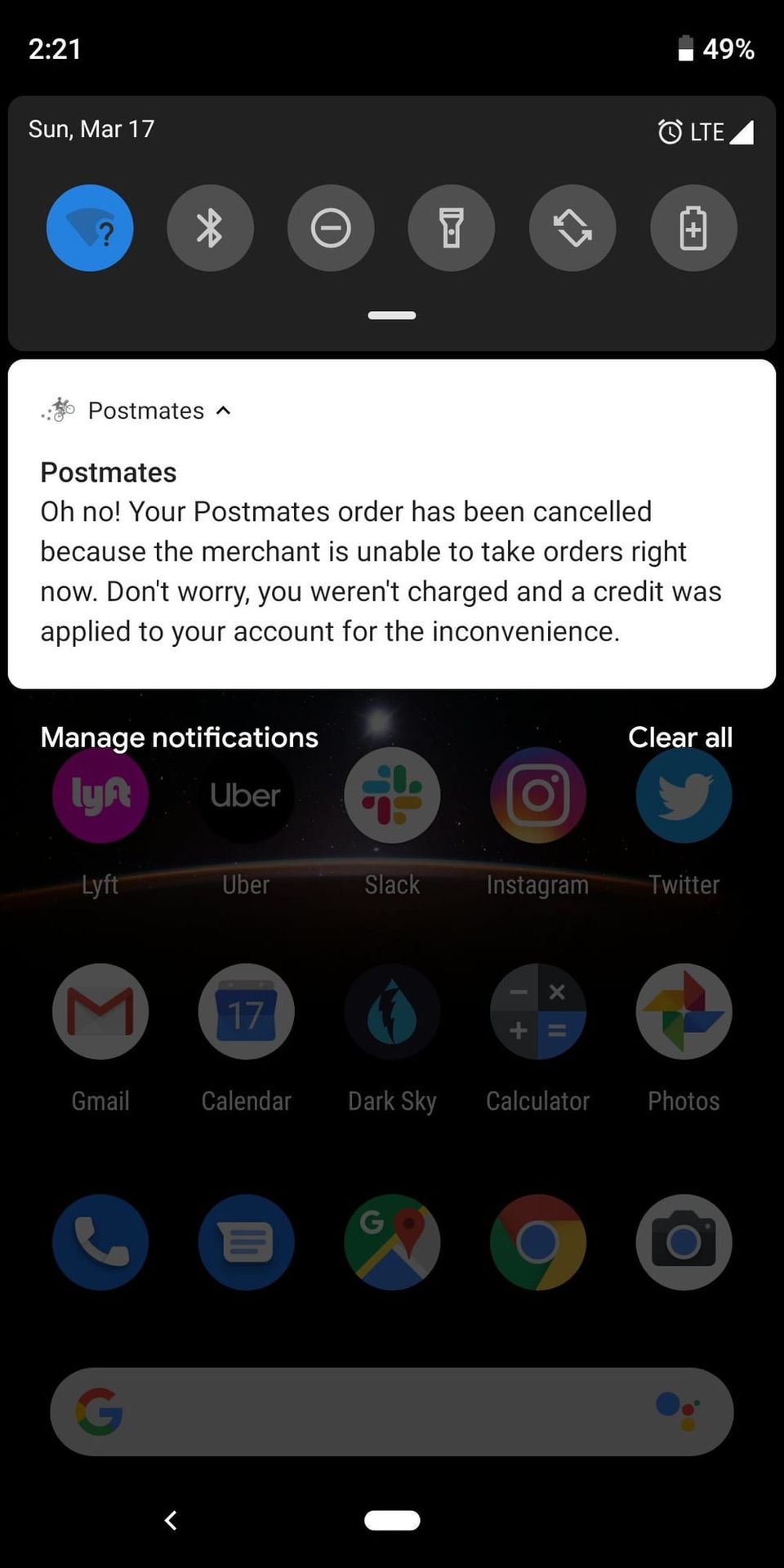 Android notification from Postmates reading "Oh no! Your Postmates order has been cancelled"