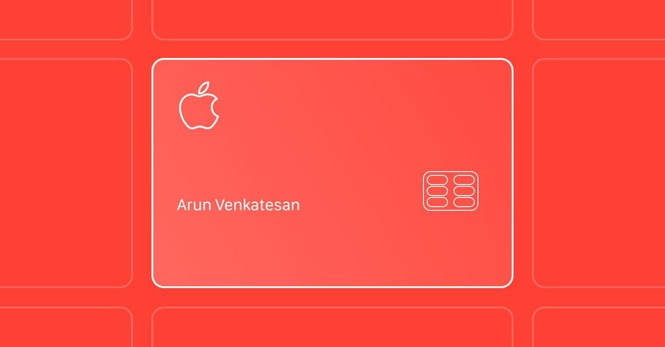Illustration of a red gradient Apple Card with the Apple logo, a chip and the name Arun Venkatesan