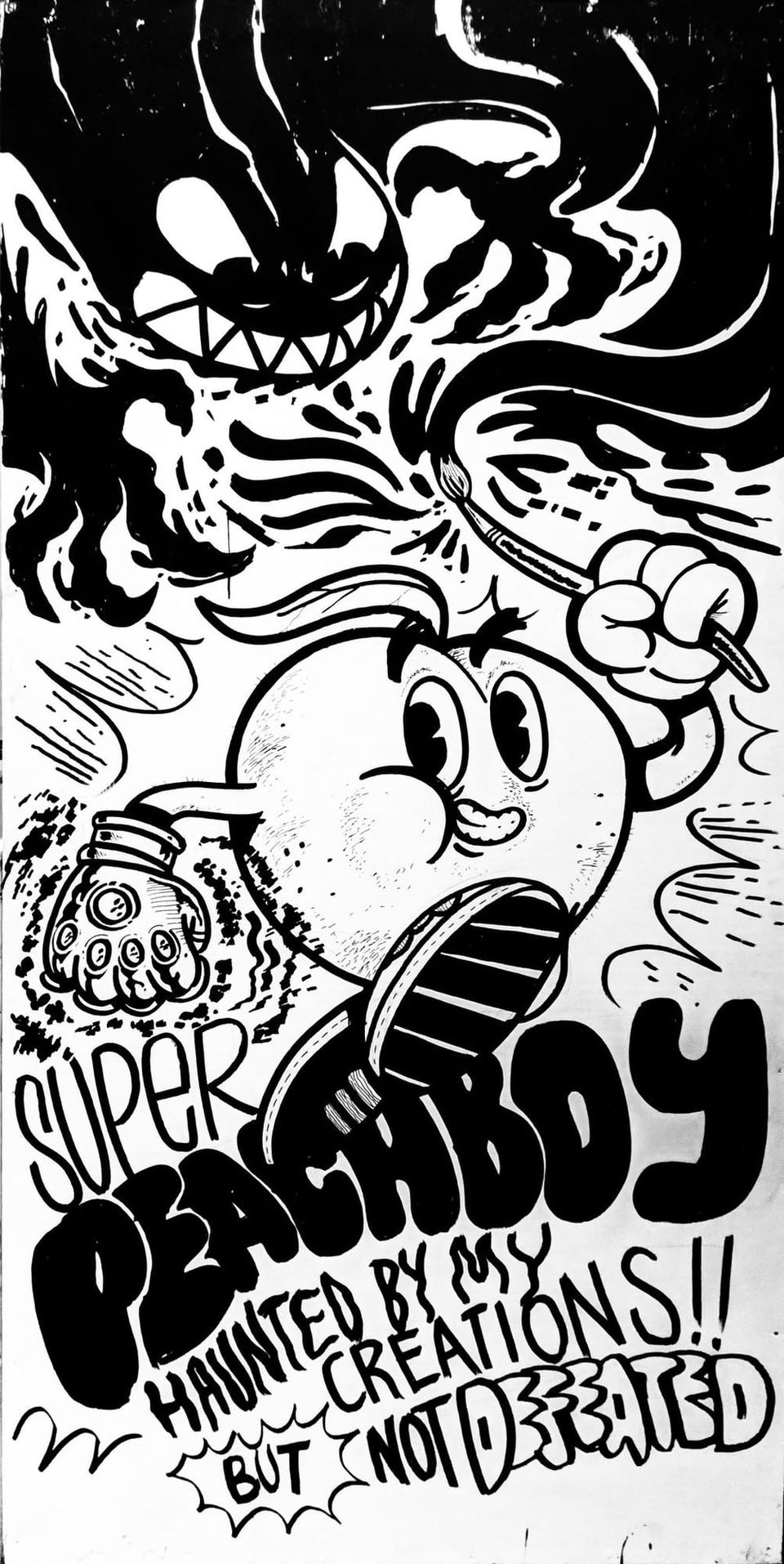 Ink drawing of a cartoon peach character fleeing a grinning shadow monster, lettered Super Peachboy