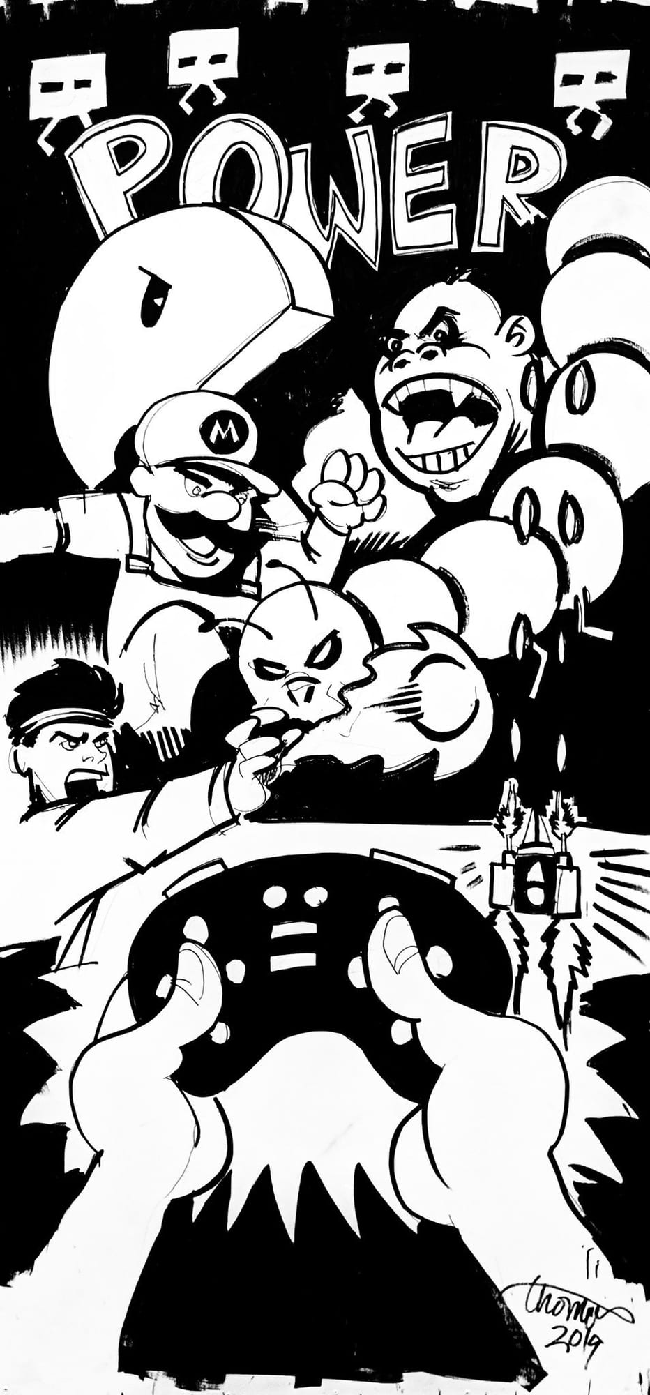 Ink drawing titled Power with Mario, Donkey Kong, Pac-Man and other game characters above hands holding a controller
