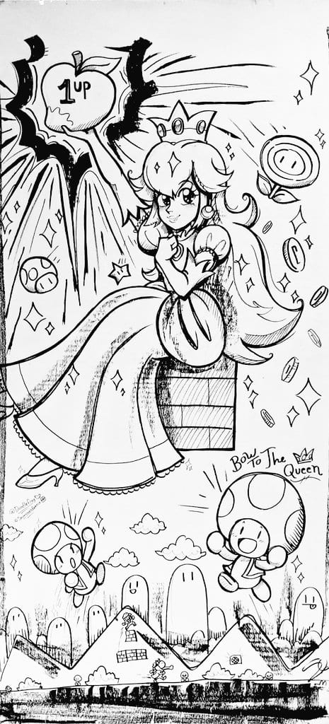 Ink drawing of Princess Peach sitting on a brick block holding a 1up apple beside two Toads, captioned Bow to the Queen