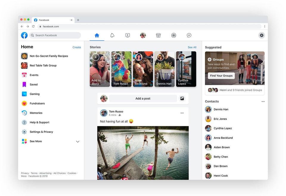 Facebook's 2019 redesign with a left nav, Stories row, a lake-jumping photo post and a Contacts list