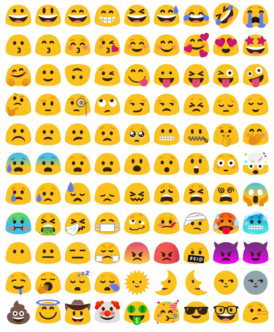 Grid of yellow blob-shaped Android emoji faces with expressions like laughing, crying and heart eyes