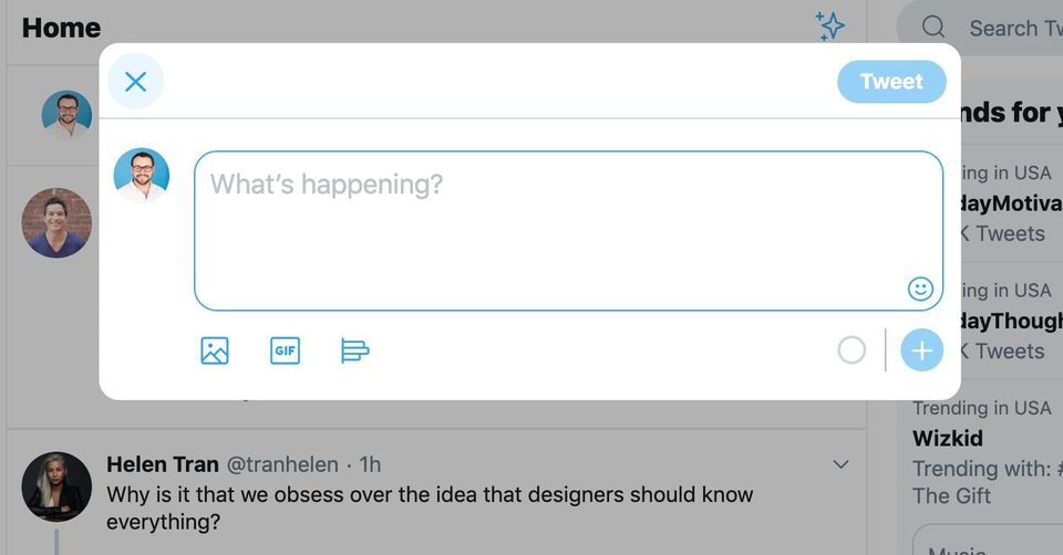 Twitter desktop compose modal with a close X in the top-left, a What's happening? field and a Tweet button