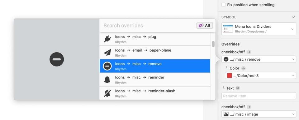 Sketch symbol override picker searching icons with Icons, misc, remove highlighted beside the Overrides panel