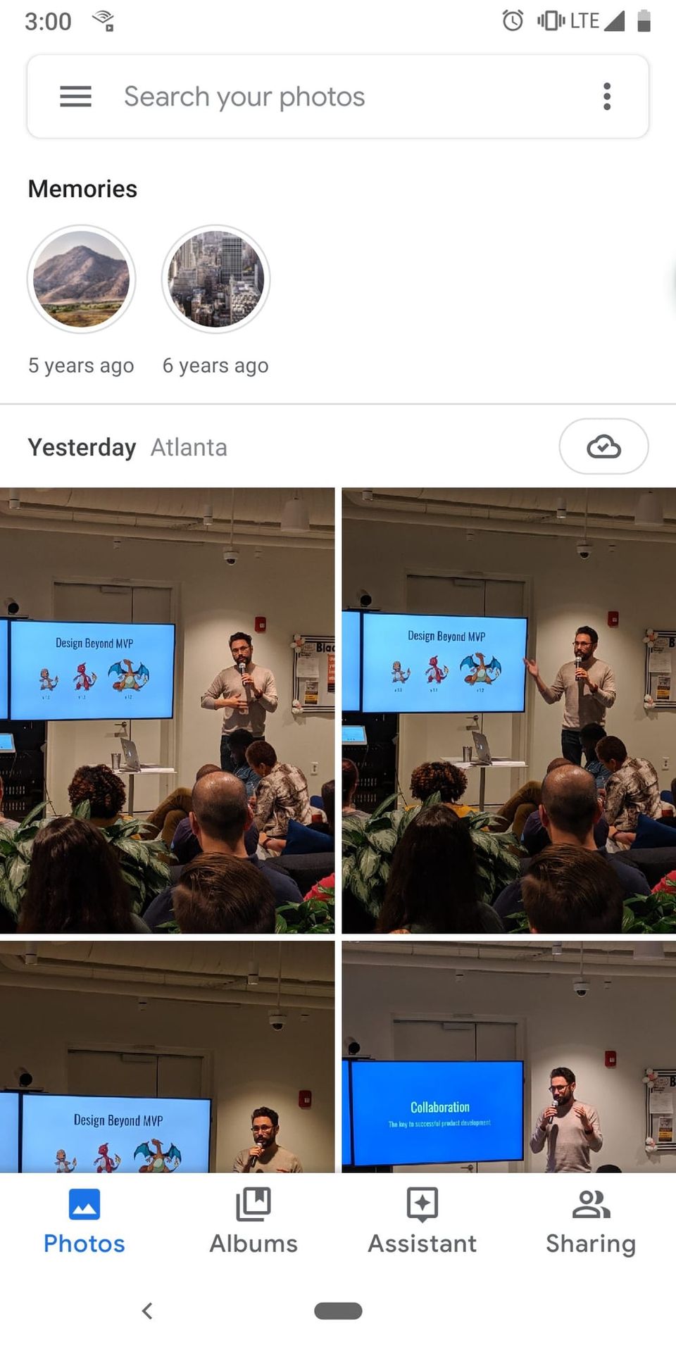 Google Photos with round Memories bubbles above photos of a man speaking beside a Design Beyond MVP slide