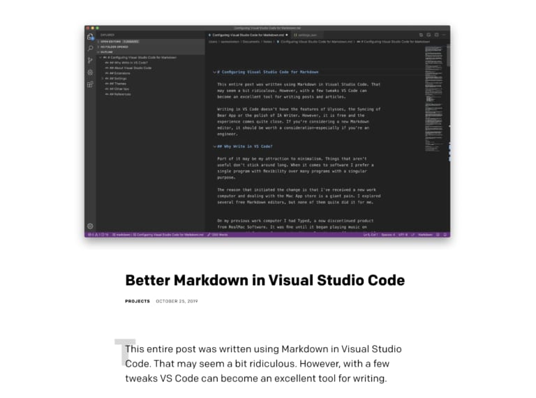 Blog post Better Markdown in Visual Studio Code with a screenshot of a dark VS Code window editing Markdown