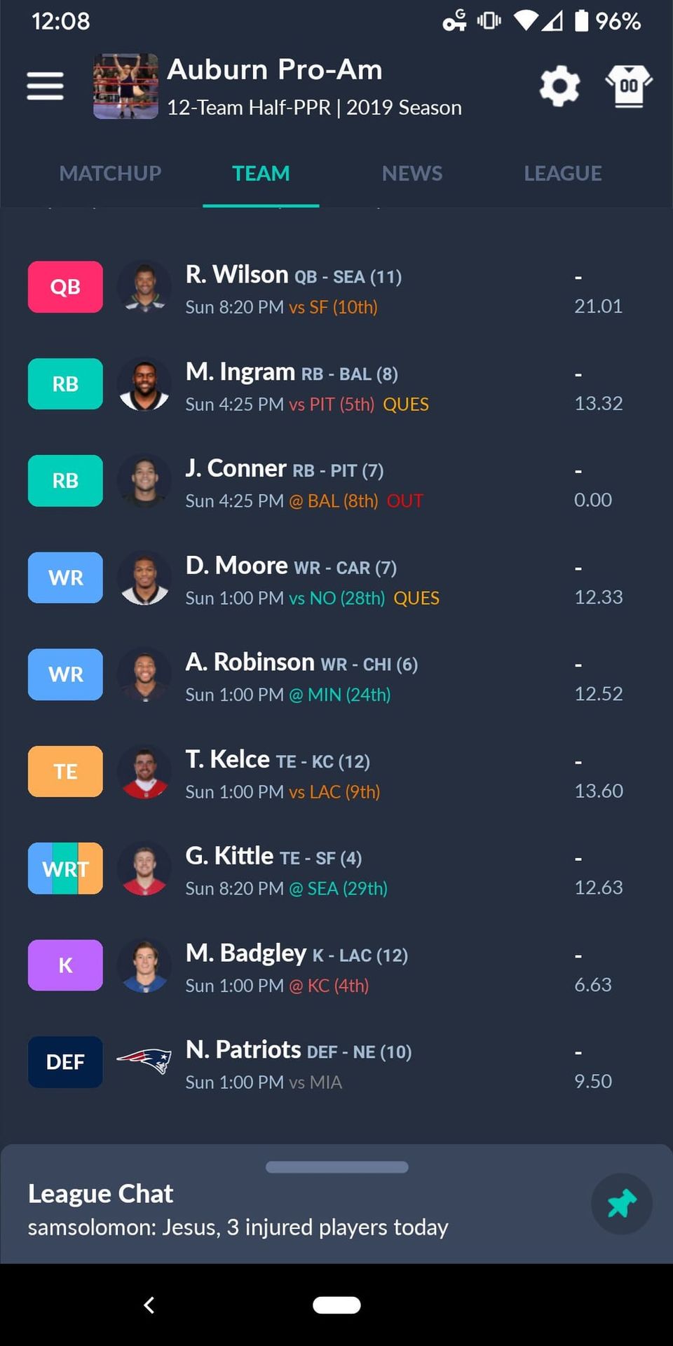 Auburn Pro-Am fantasy lineup with Wilson, Kelce and Kittle, Conner marked OUT and chat saying "3 injured players today"