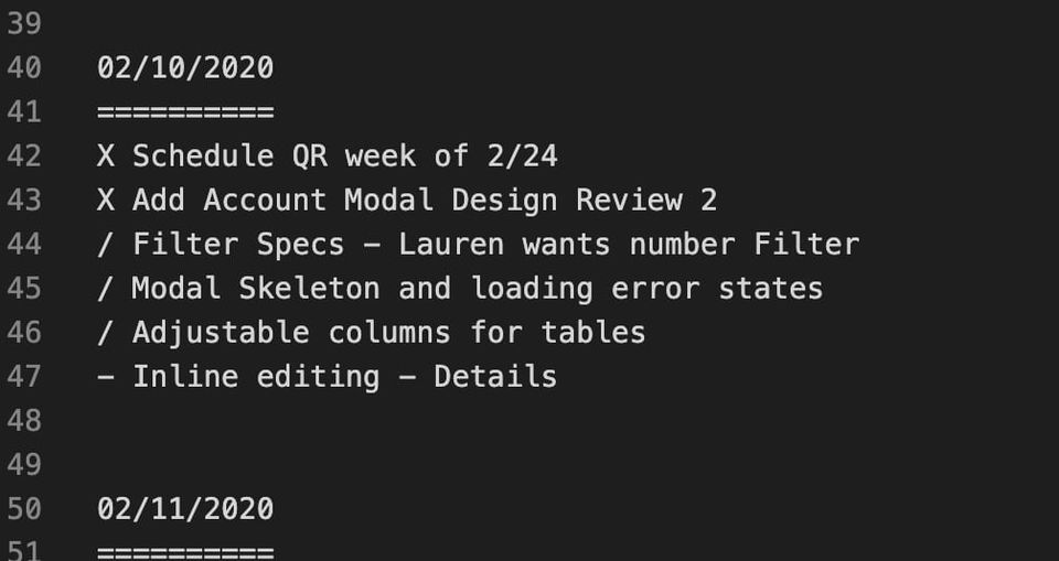 Plain text to-do list dated 02/10/2020 with tasks marked X for done, / for carried over and - for new