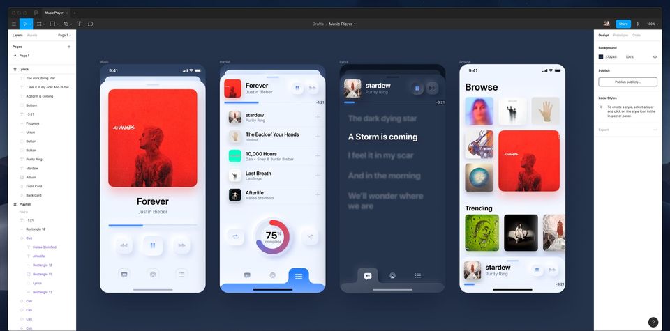 Figma file of a neomorphic music player app with four soft-shadowed phone screens for Music, Playlist, Lyrics and Browse