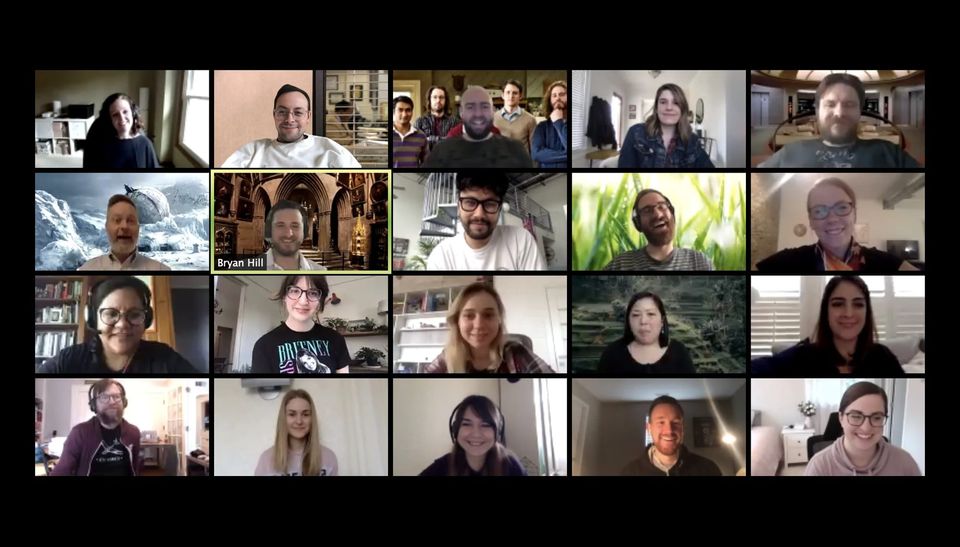 Zoom grid of 20 smiling product team members with virtual backgrounds like Hogwarts and the Silicon Valley cast