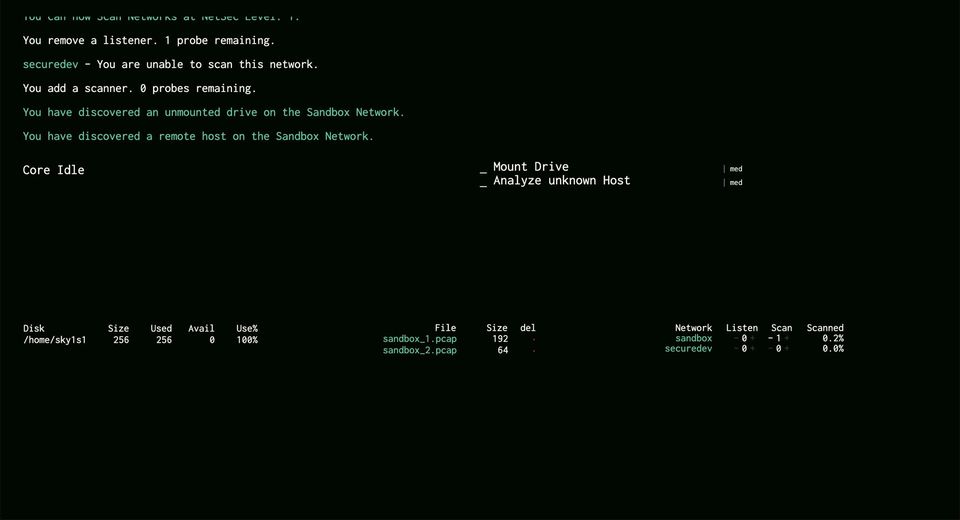 Terminal-style game text reading You have discovered an unmounted drive on the Sandbox Network with disk stats