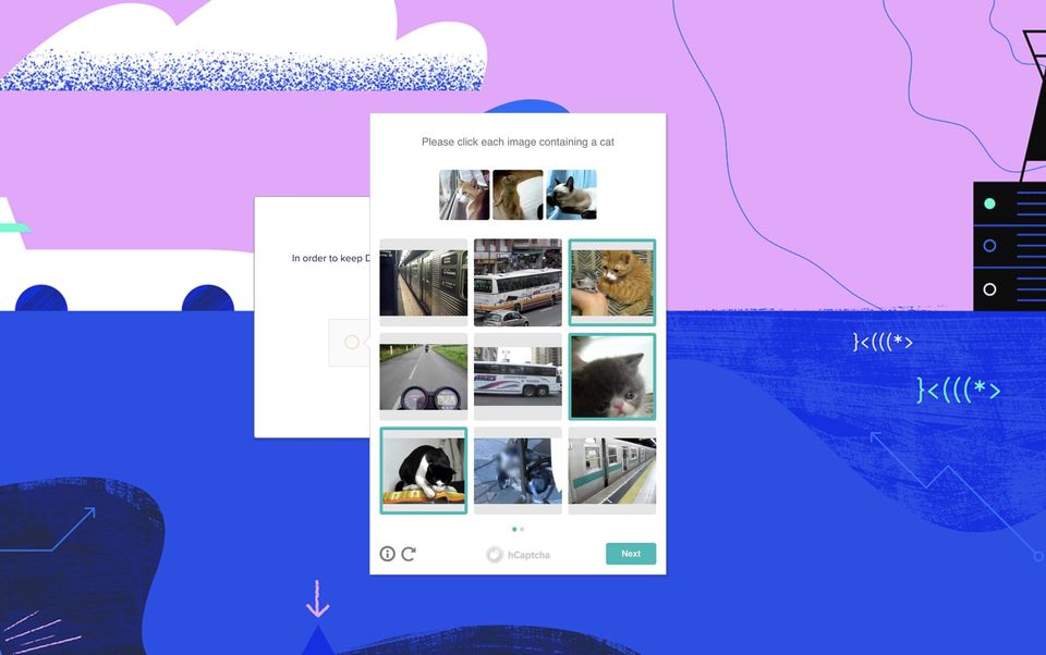 hCaptcha prompt reading "Please click each image containing a cat" with three cats selected over a DigitalOcean illustration