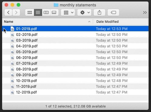 Finder window of a monthly statements folder listing PDFs named 01-2019 through 12-2019