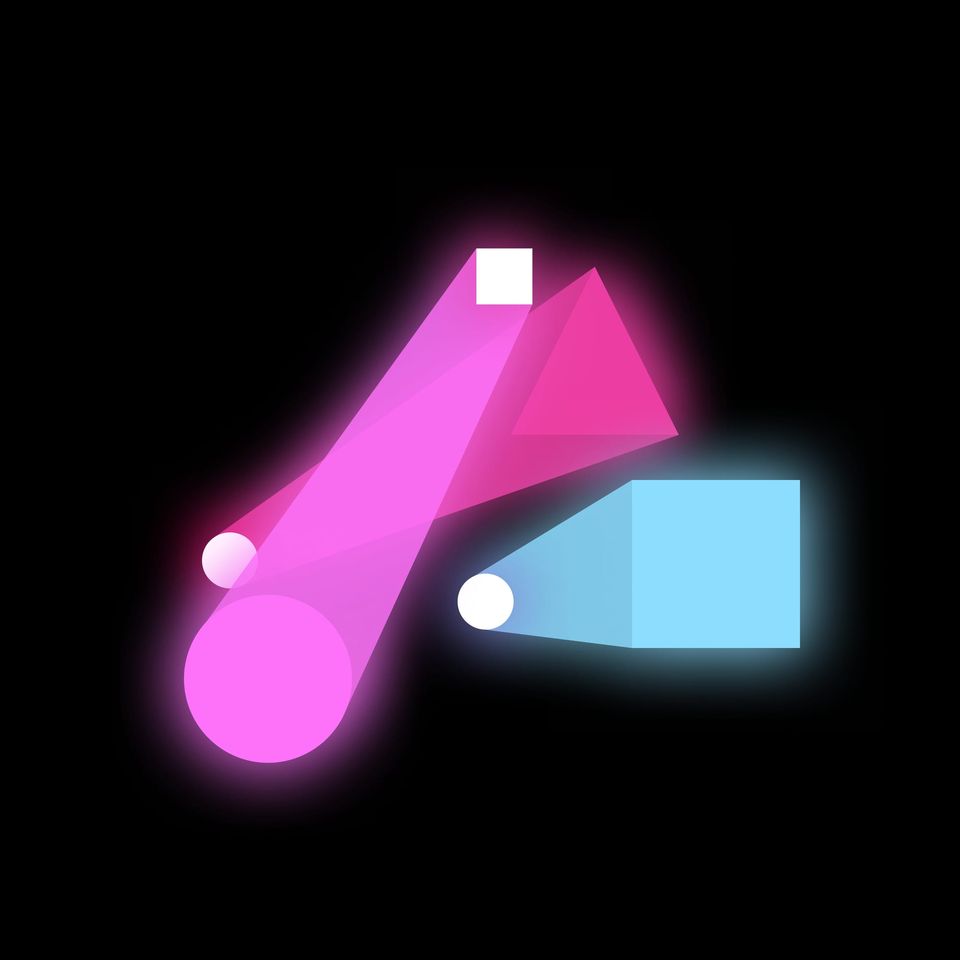 Glowing pink and blue geometric shapes casting light beams from small white circles on black
