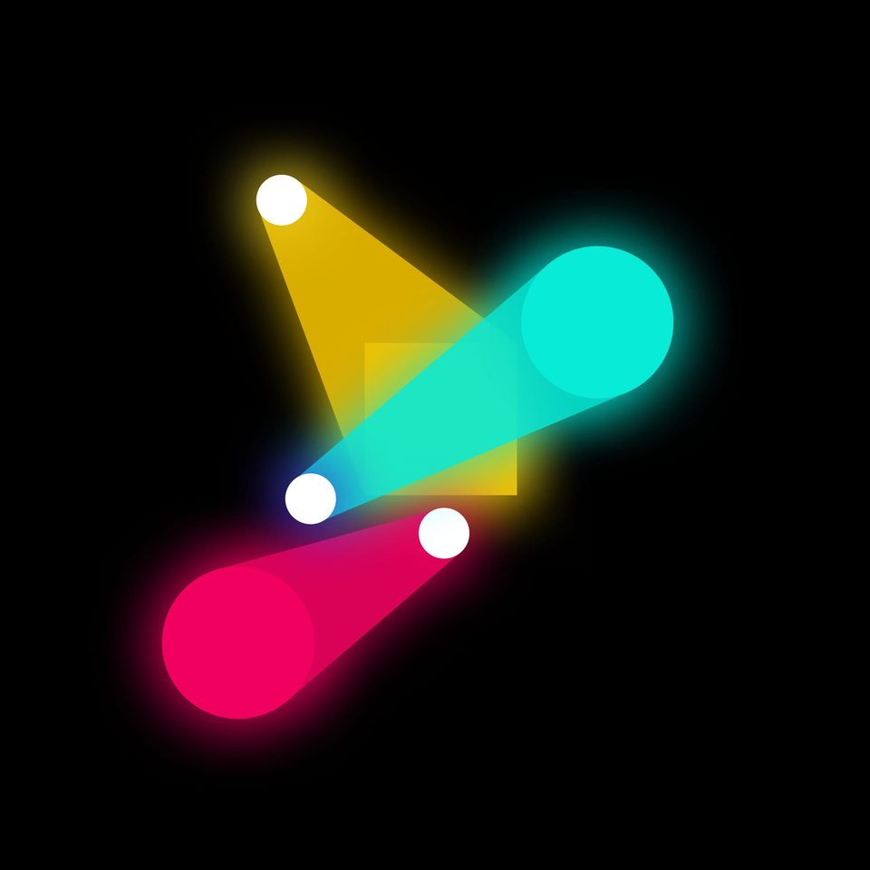 Neon yellow, cyan and pink spotlight beams from white dots onto circles and a square on black