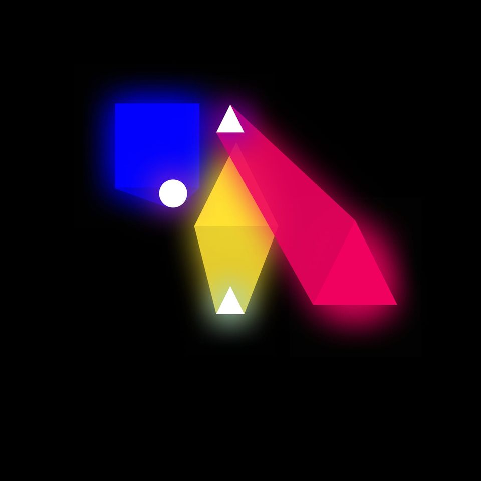 Glowing blue square, yellow diamond and pink prism with white circle and triangles on black