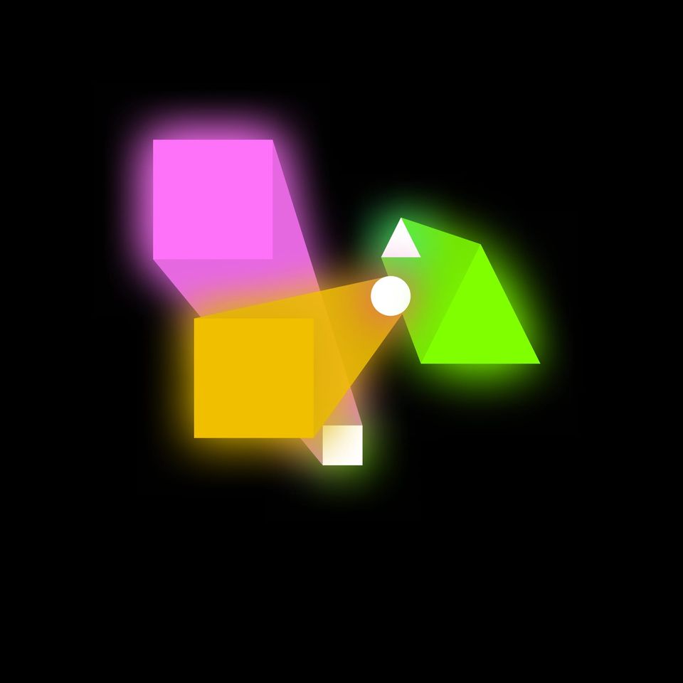 Glowing pink and yellow squares and a green triangle linked by light beams to a white circle on black