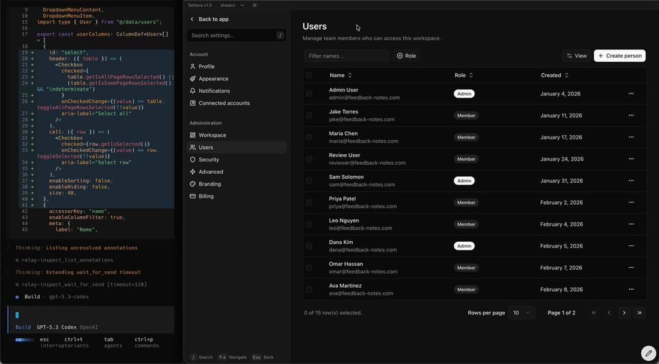 Coding agent terminal listing relay-inspect annotations beside a dark Users settings table in a local web app