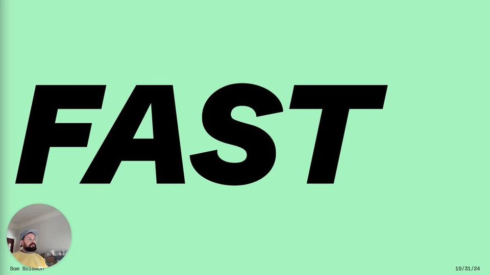 Presentation slide reading FAST in bold black italic type on mint green with a small webcam bubble of Sam in the corner