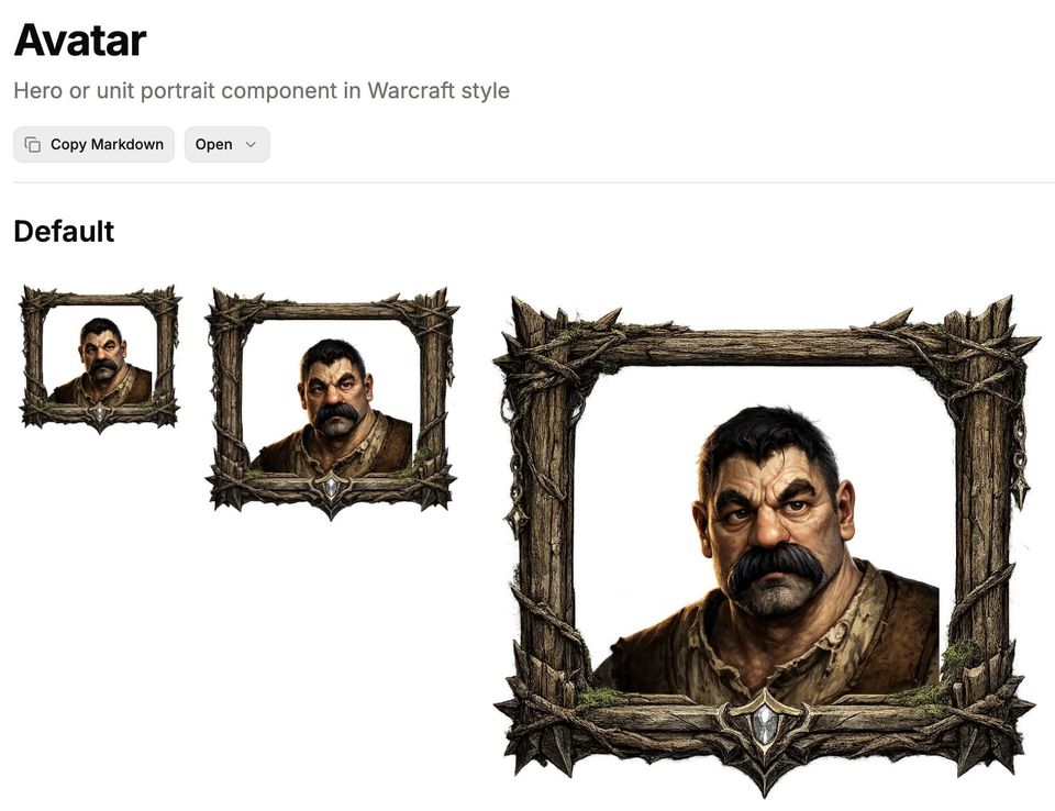 Warcraftcn Avatar docs showing a mustached man's portrait in ornate wooden frames at three sizes
