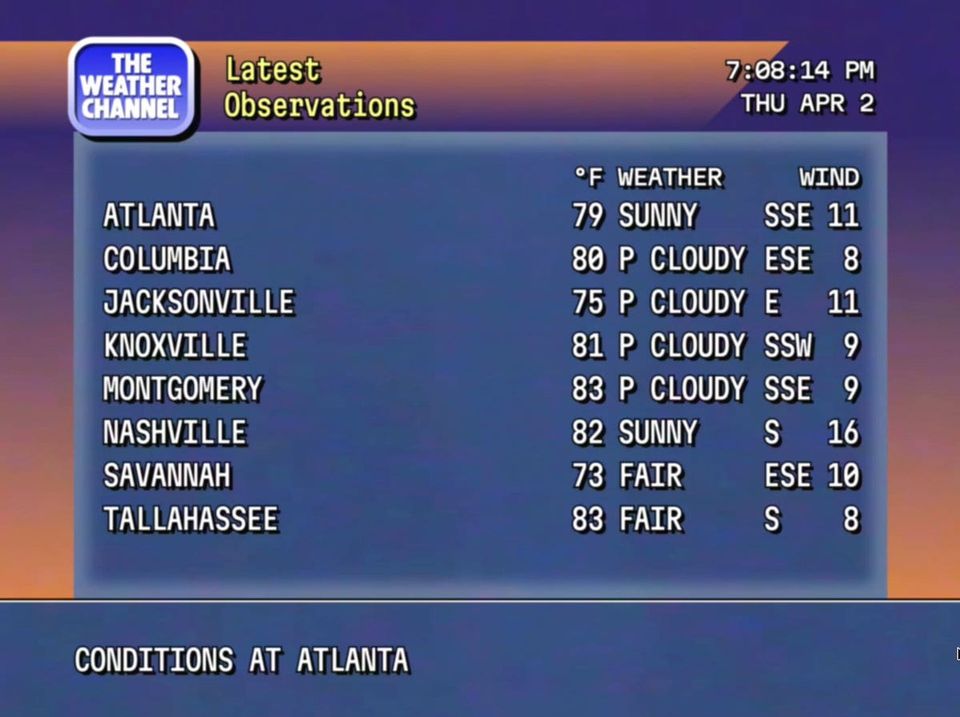 Retro Weather Channel screen of Latest Observations listing Atlanta 79 Sunny and other Southeast cities