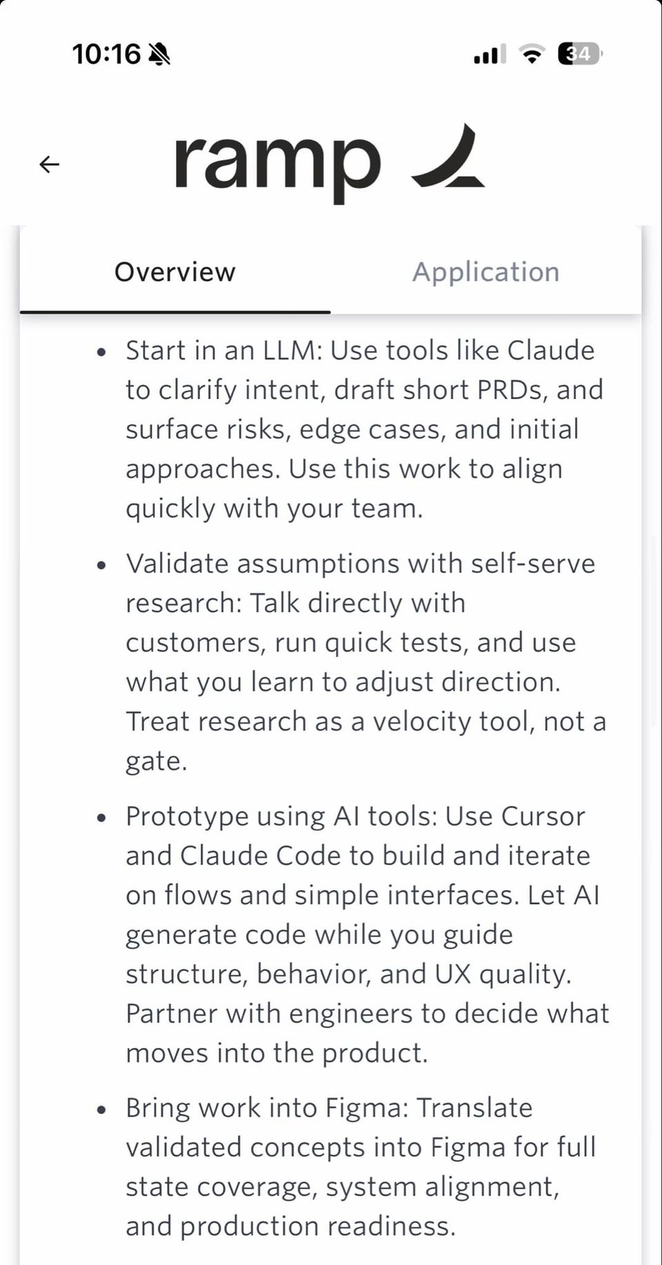 Ramp job post listing Start in an LLM, Validate assumptions, Prototype using AI tools and Bring work into Figma