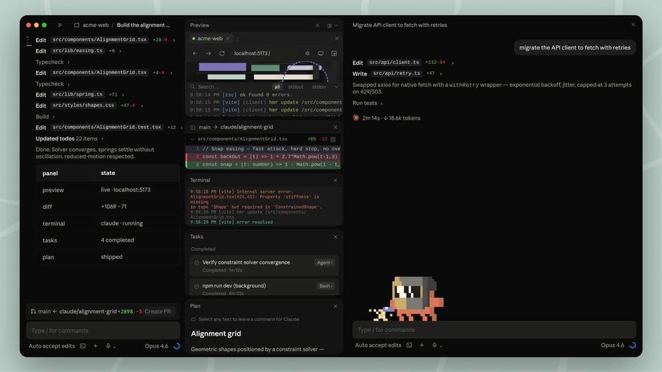 Claude Code desktop app with side-by-side sessions showing file edits, a preview, terminal, tasks and a plan panel
