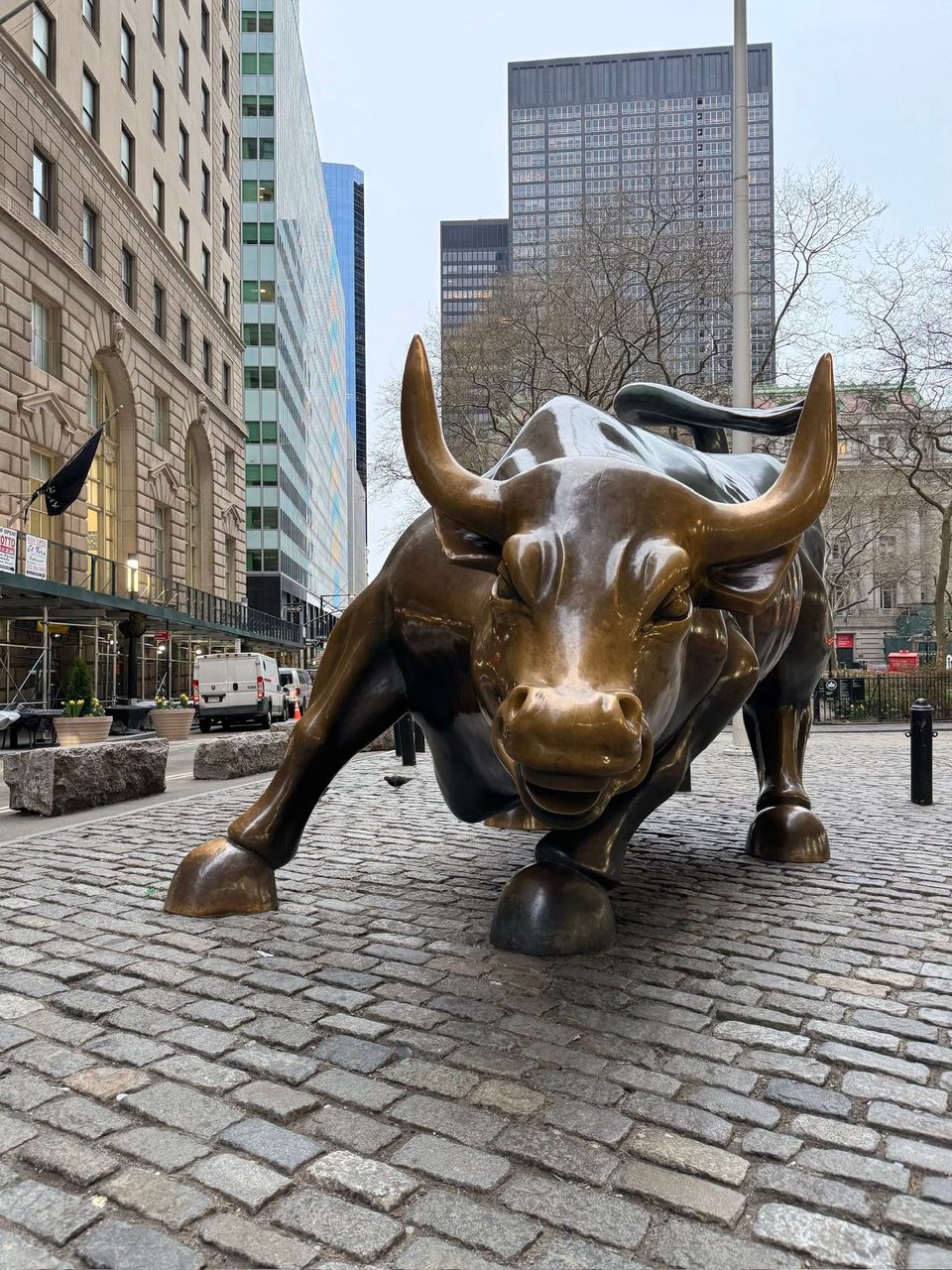 Charging Bull bronze statue on cobblestones in the Financial District
