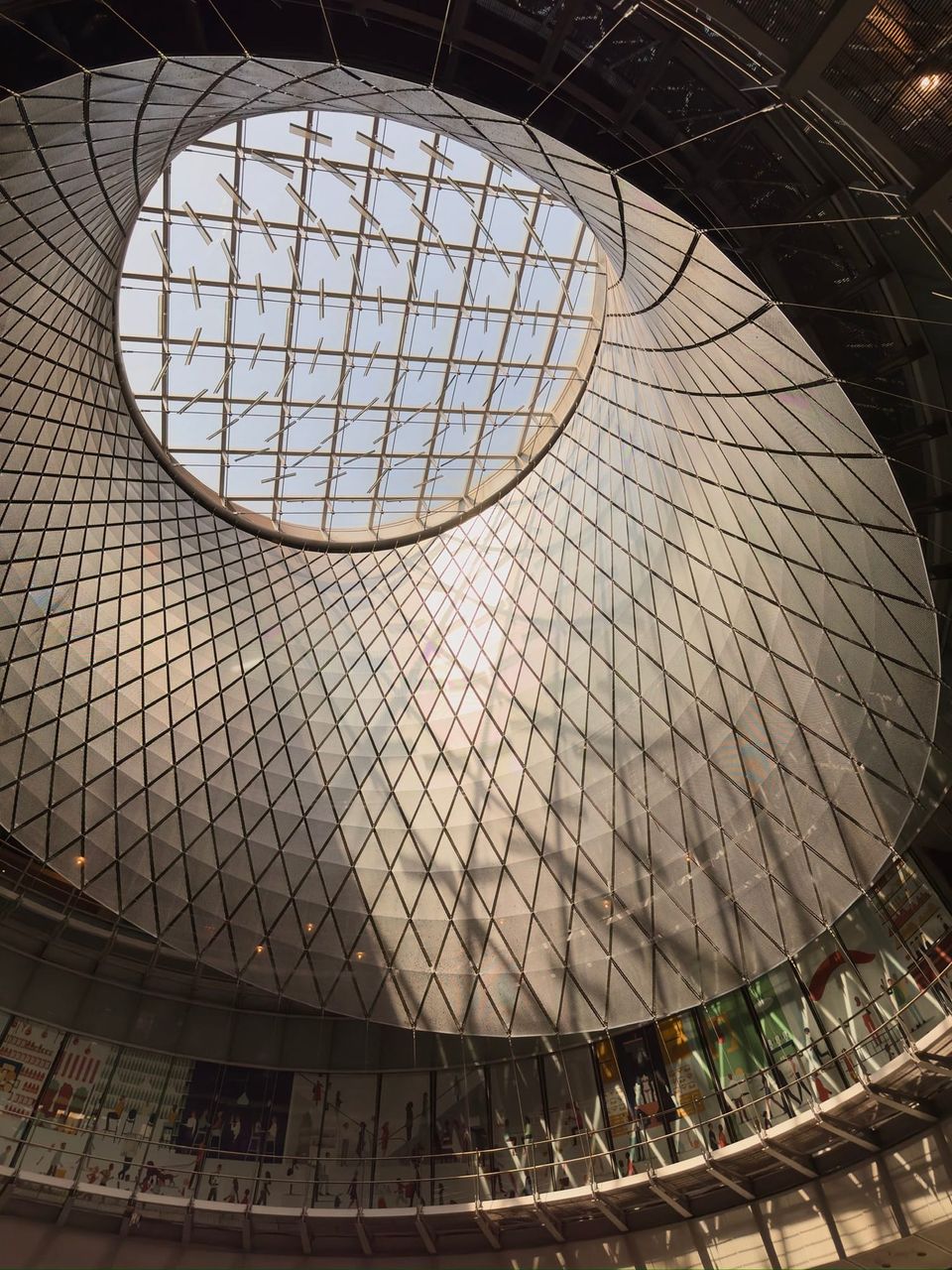 Looking up into the Fulton Center oculus with its cable-net skylight