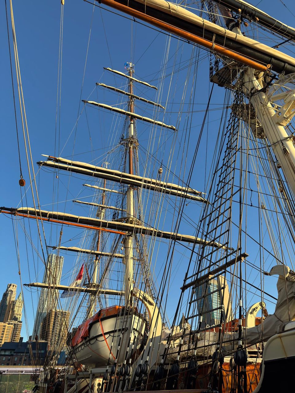Looking up through the masts and rigging of a tall ship at South Street Seaport