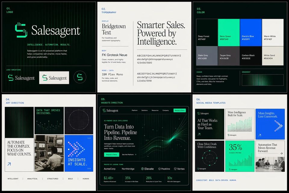 Six-panel Salesagent brand kit in green and black with logo, typography, colors, art direction, website and social posts