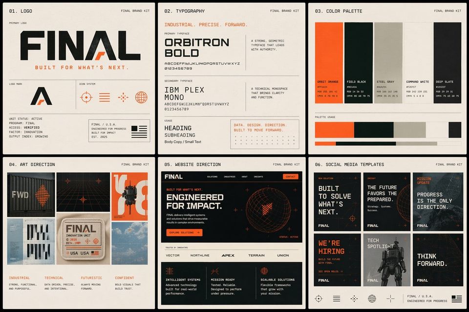 Six-panel FINAL brand kit in orange and black with logo, Orbitron type, colors, art direction, website and social posts