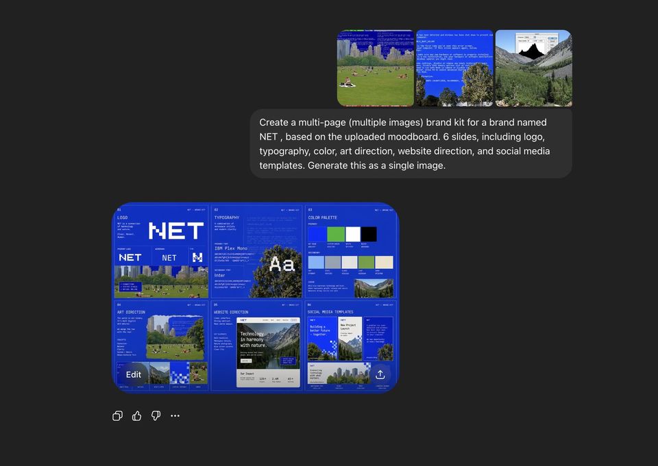 ChatGPT prompt asking for a six-slide brand kit for NET from a moodboard, with a generated blue brand kit image below